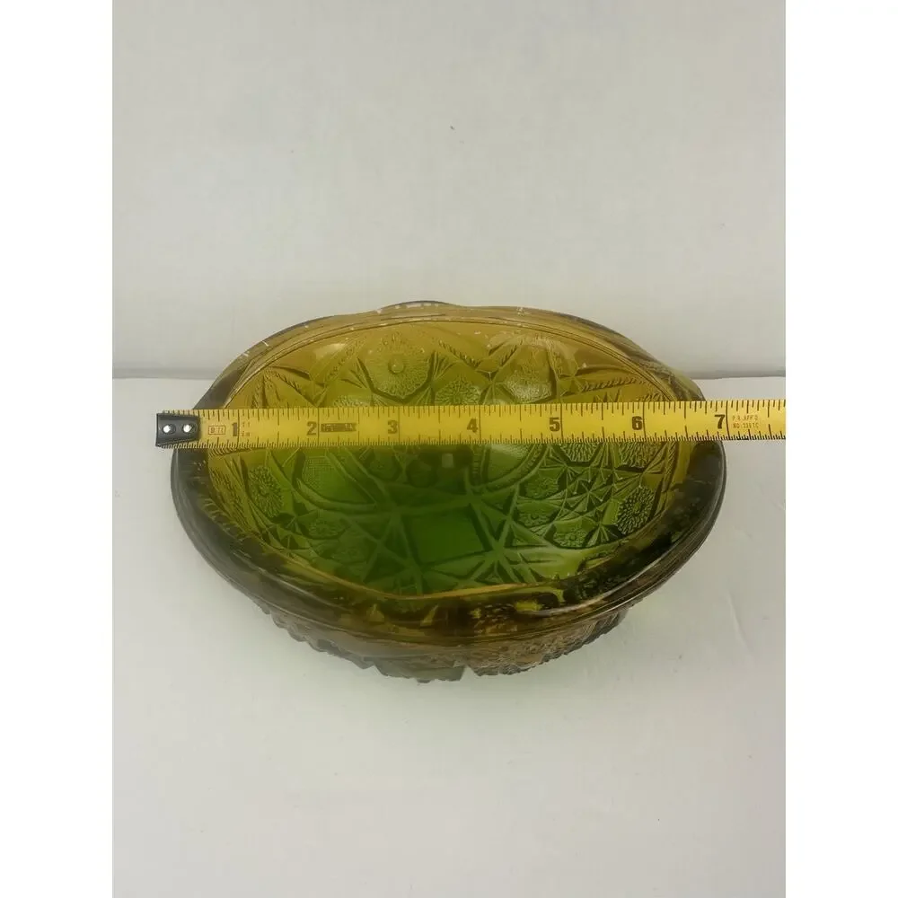 Vintage McKee Carnival Glass Yellow & Green 3 Footed Candy Dish Retro Decor